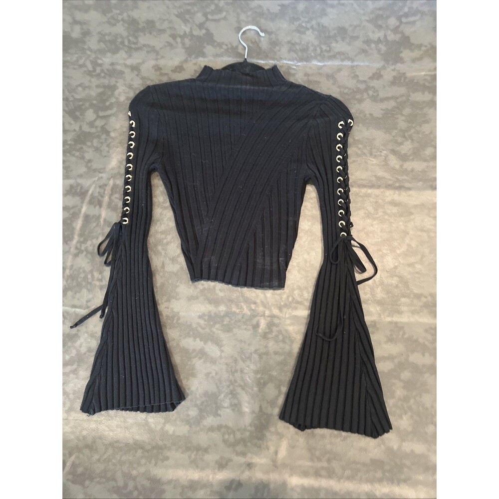 Flared Laced Sleeve Crop Top Black Sm Fairygoth Grunge Y2K City